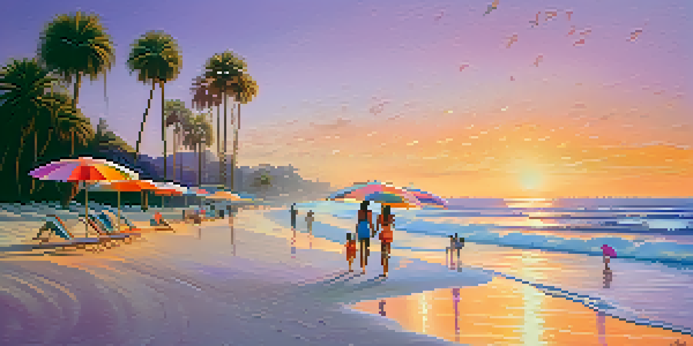 A tranquil beach at sunset with waves, beach umbrellas, and a couple walking along the shore under a colorful sky.