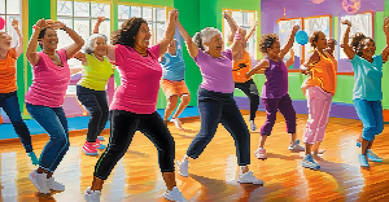A lively dance workout class with people of various ages smiling and moving energetically in a colorful room with mirrors.