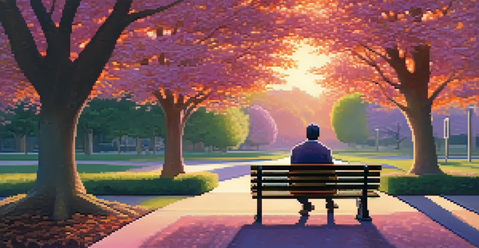 A person sitting on a park bench at sunset, surrounded by trees, reflecting in a peaceful outdoor setting.
