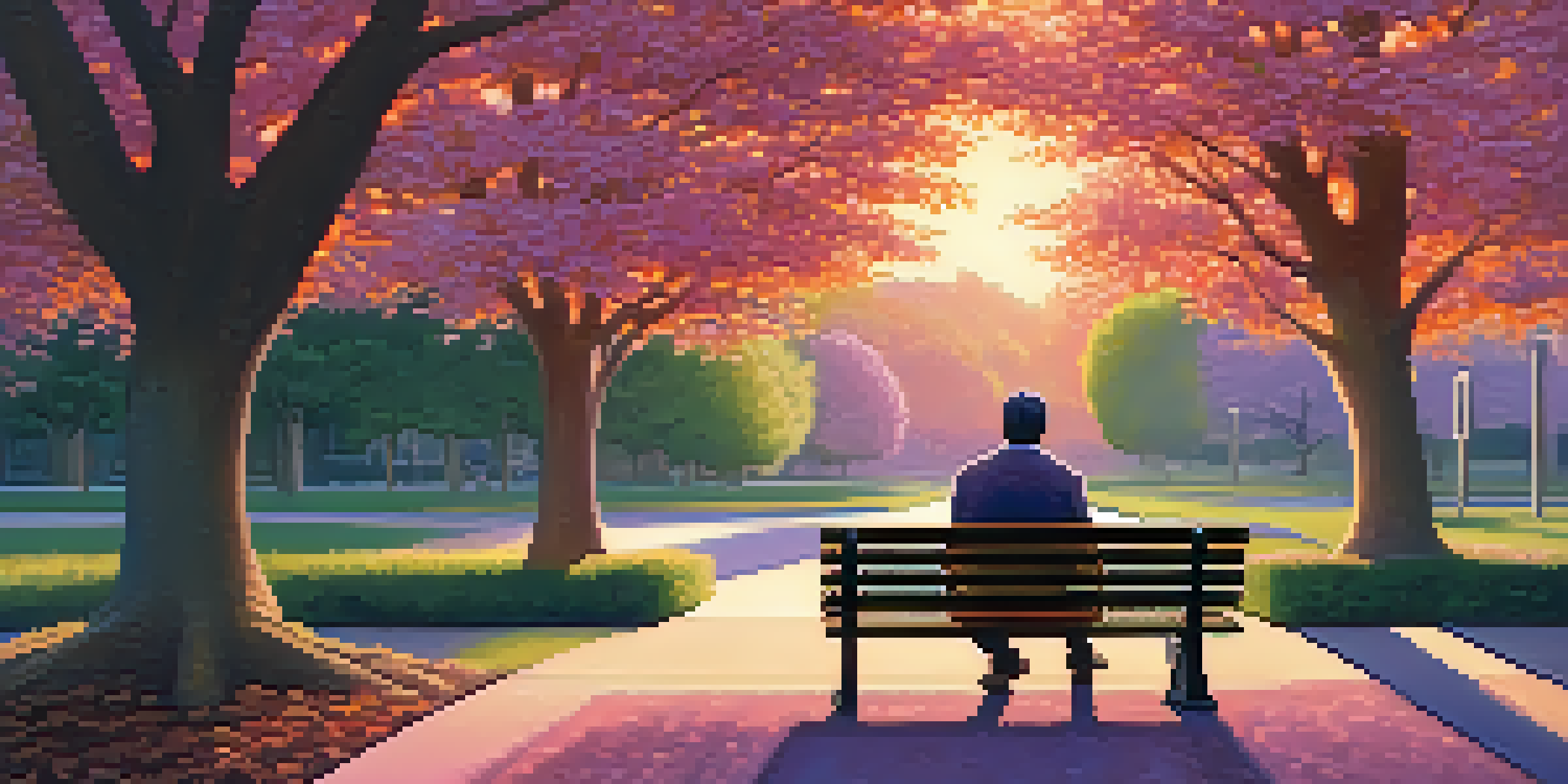 A person sitting on a park bench at sunset, surrounded by trees, reflecting in a peaceful outdoor setting.