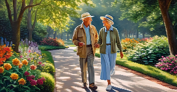 An elderly couple walking in a park filled with greenery and flowers, smiling at each other in the morning sun.