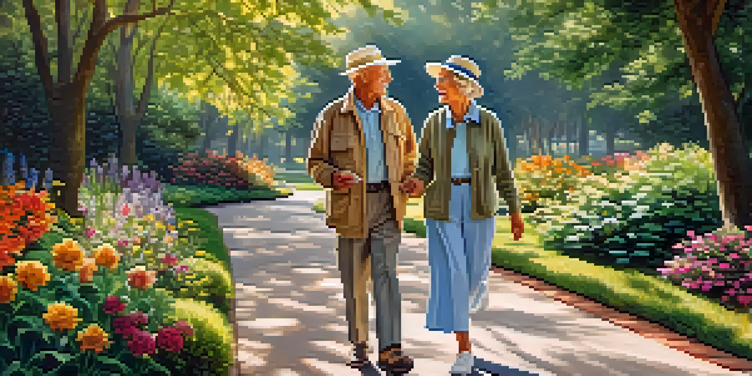 An elderly couple walking in a park filled with greenery and flowers, smiling at each other in the morning sun.