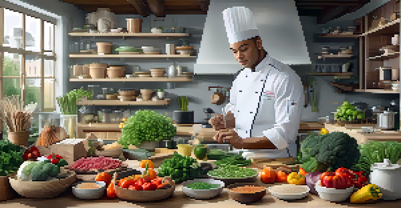 A chef in a modern kitchen demonstrating cooking techniques and explaining nutrition labels, surrounded by fresh ingredients.