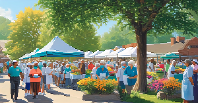 A community vaccination drive with elderly individuals waiting in line, smiling nurses administering vaccines, and colorful flowers in a sunny setting.