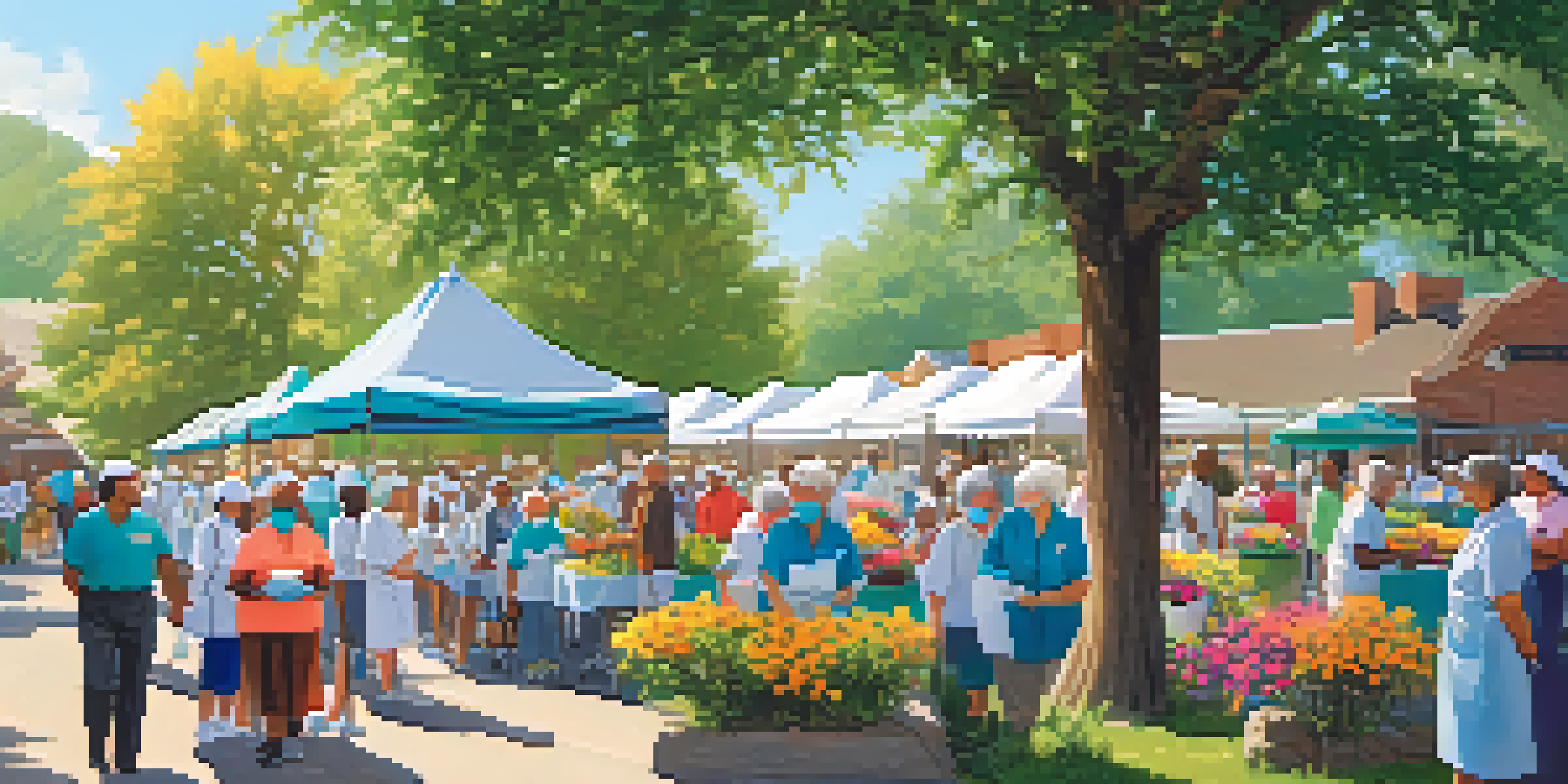A community vaccination drive with elderly individuals waiting in line, smiling nurses administering vaccines, and colorful flowers in a sunny setting.