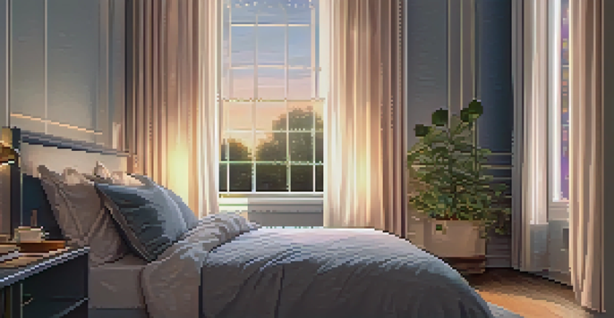 A tranquil bedroom with a made bed, a cup of herbal tea on the bedside table, and warm lighting from a lamp.