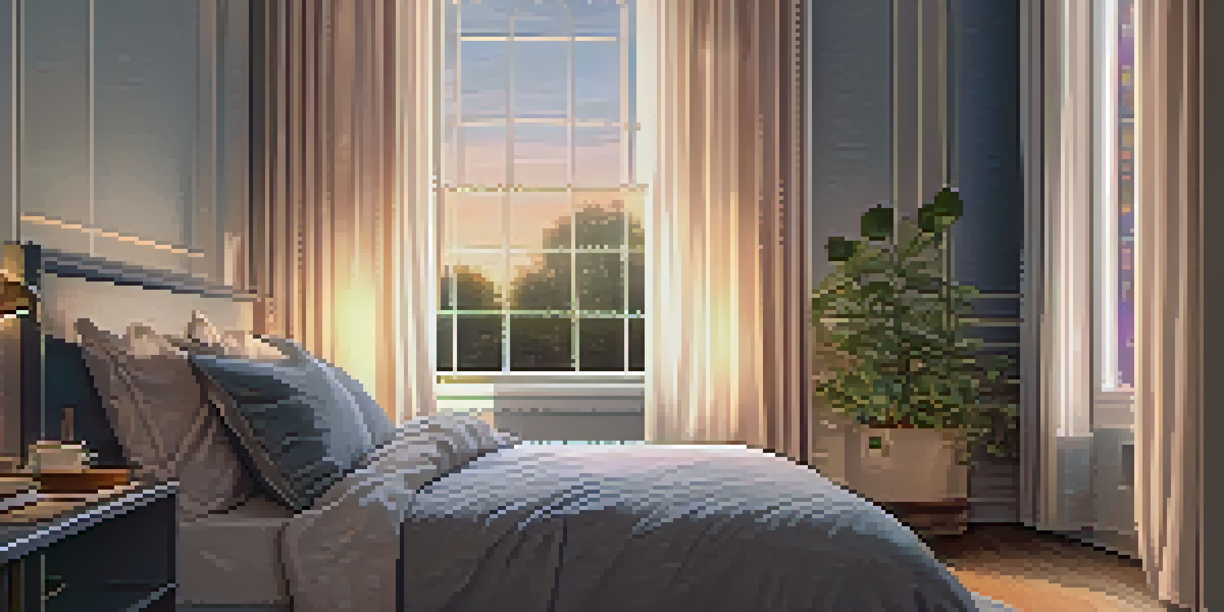 A tranquil bedroom with a made bed, a cup of herbal tea on the bedside table, and warm lighting from a lamp.