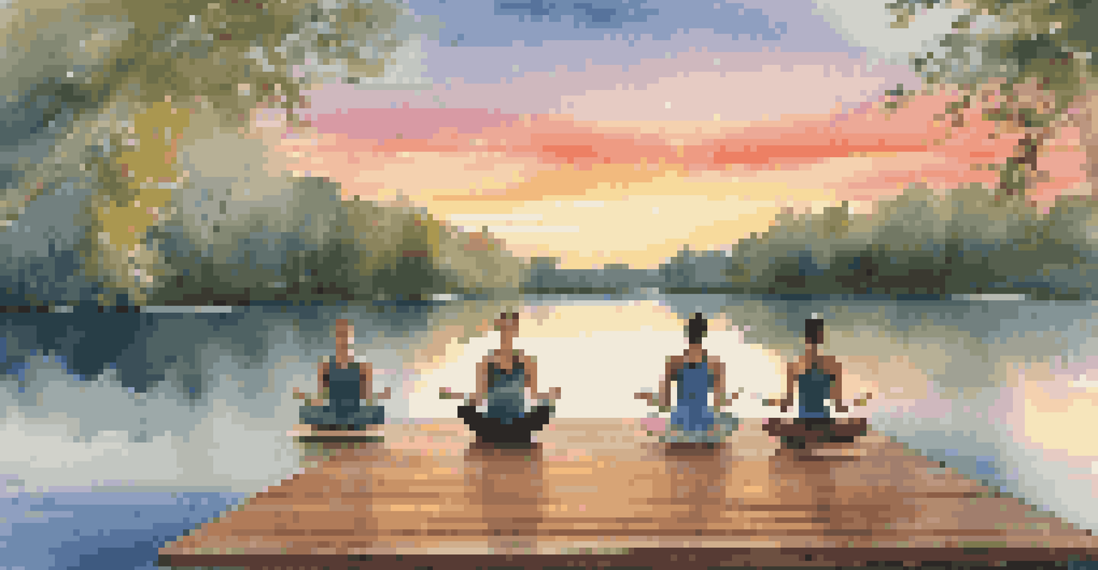 An individual practicing yoga on a wooden deck by a calm lake at sunset, with vibrant colors reflecting on the water.