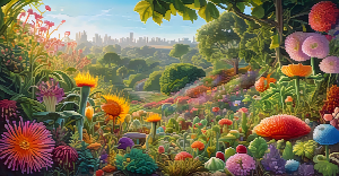 An artistic representation of a healthy gut microbiome as a flourishing garden with colorful flowers and weeds, illuminated by sunlight.