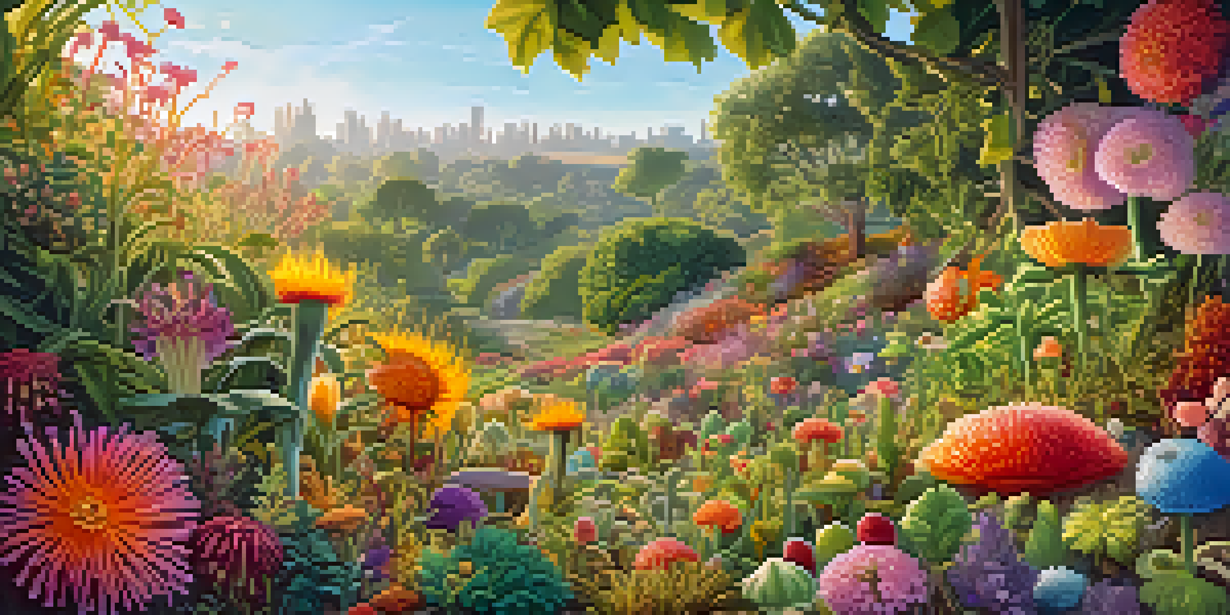 An artistic representation of a healthy gut microbiome as a flourishing garden with colorful flowers and weeds, illuminated by sunlight.