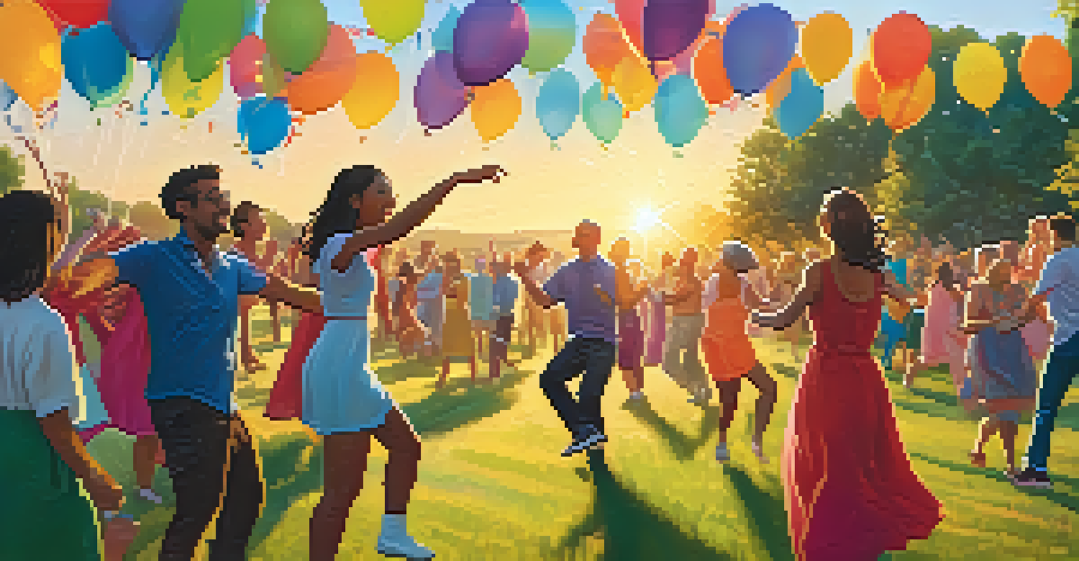 A lively outdoor dance party with adults dancing joyfully on a grassy field, decorated with colorful banners and balloons during sunset.