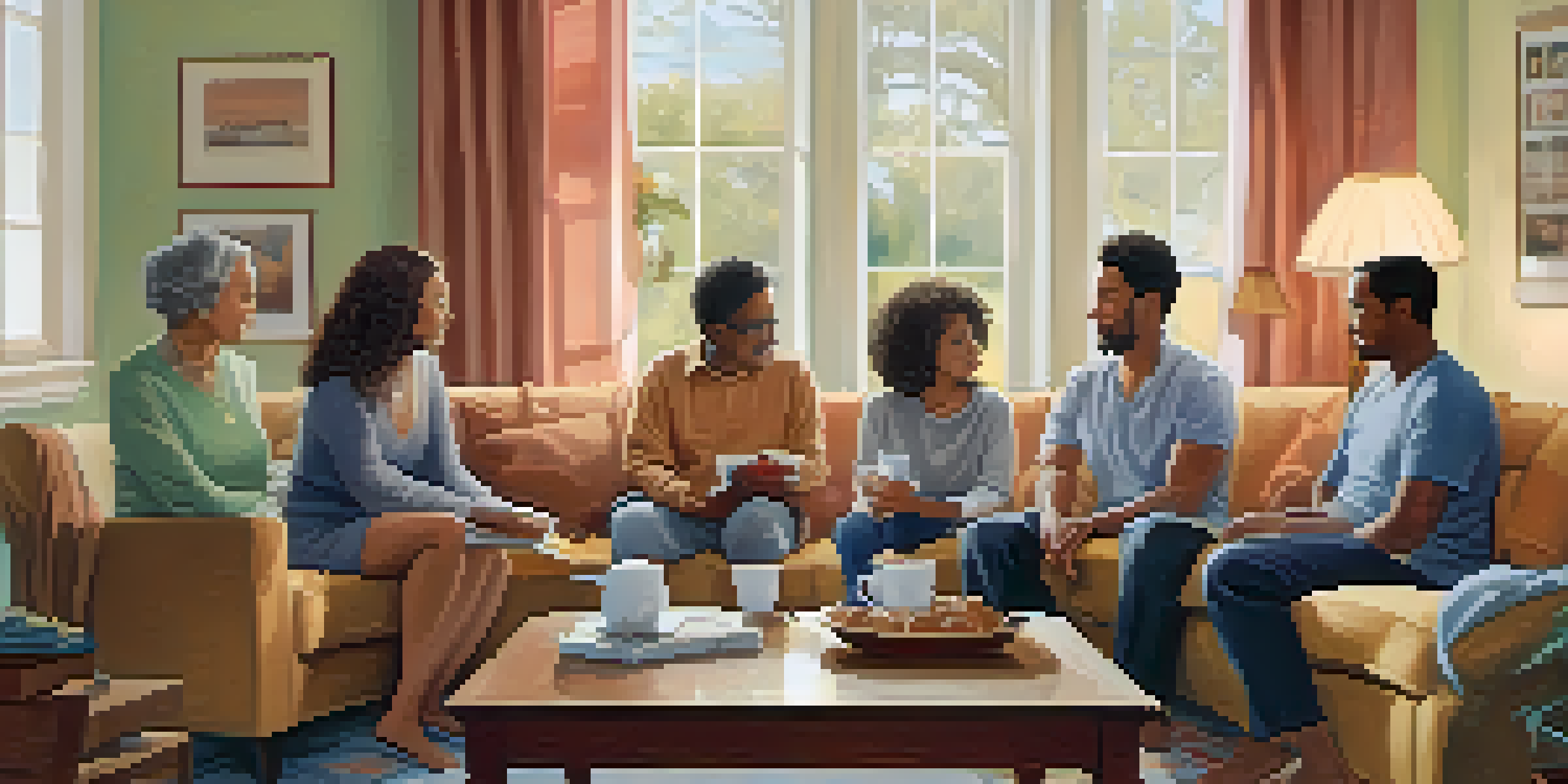 A cozy living room where a diverse family discusses their health history, with charts and health records on the table.