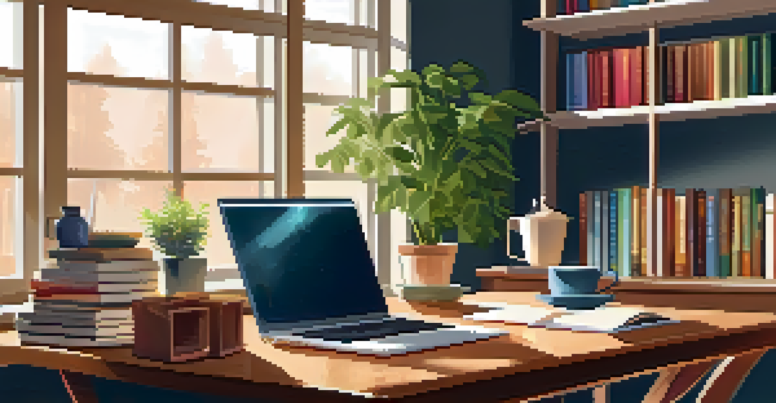 A cozy home office with a wooden desk, a potted plant, a cup of tea, and colorful books, bathed in natural light.