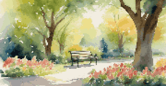 A person sitting on a bench in a park, talking with a therapist, surrounded by greenery and flowers, with sunlight filtering through the trees.