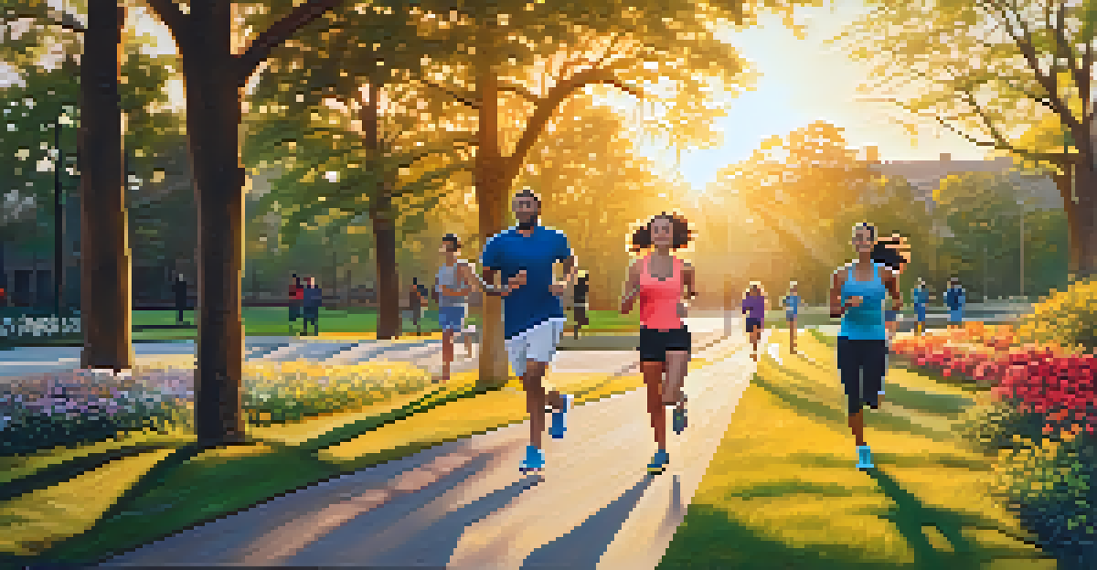 A group of friends jogging in a park, all wearing colorful fitness trackers during sunset.