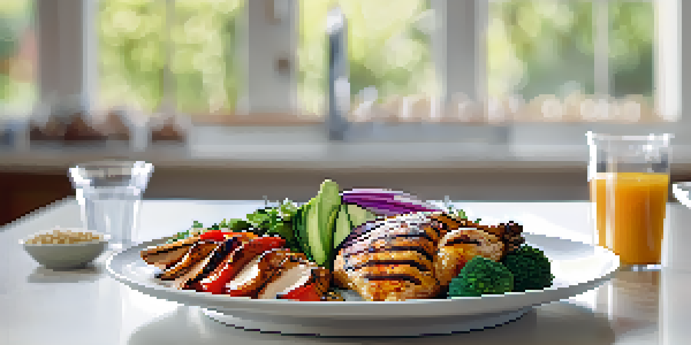 A close-up of a balanced meal featuring grilled chicken, quinoa, and fresh vegetables, presented on a white plate in a kitchen with natural light.