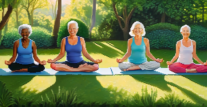 A diverse group of seniors practicing yoga outside in a sunny, green environment, each in a different pose.