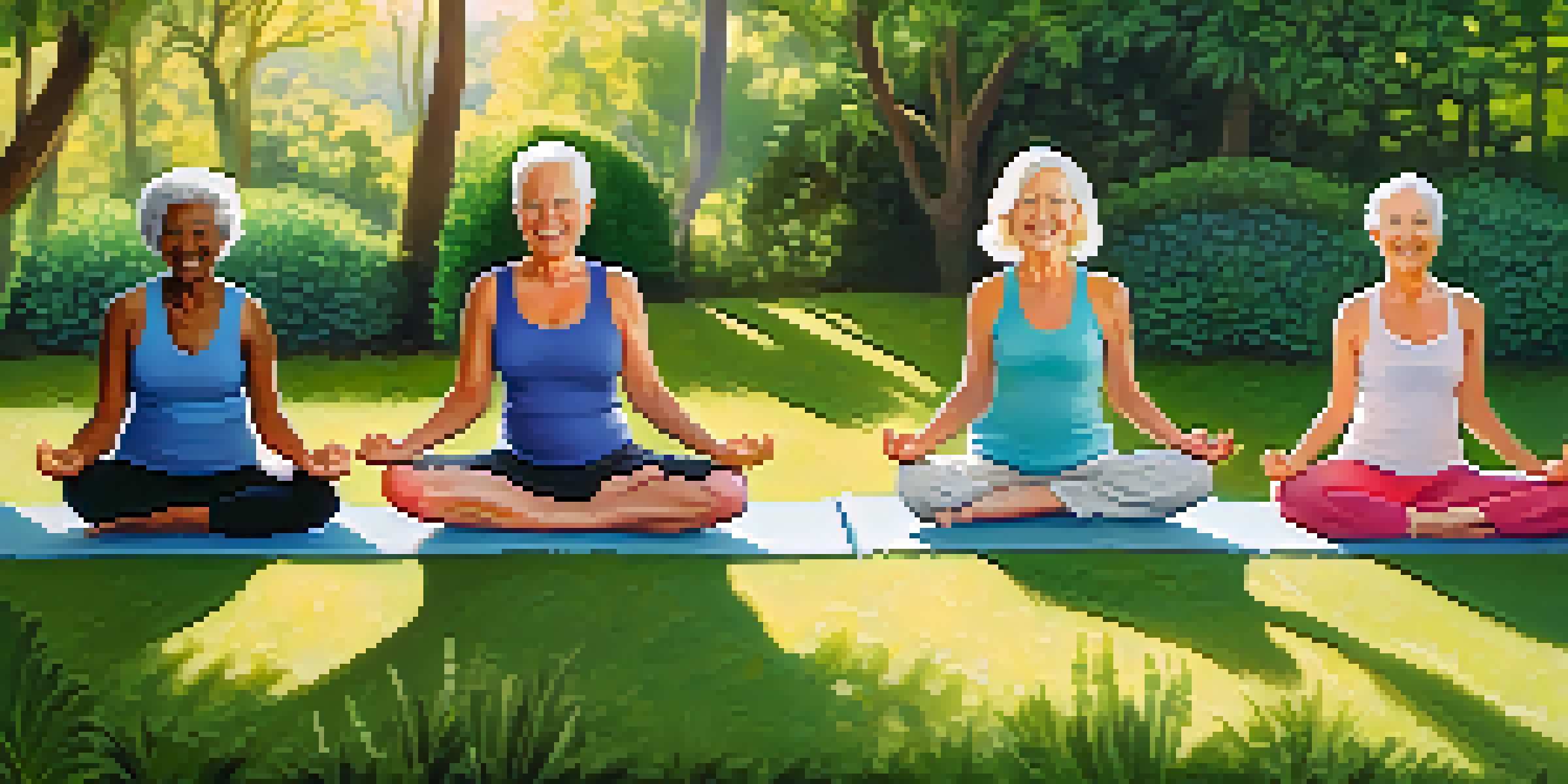 A diverse group of seniors practicing yoga outside in a sunny, green environment, each in a different pose.