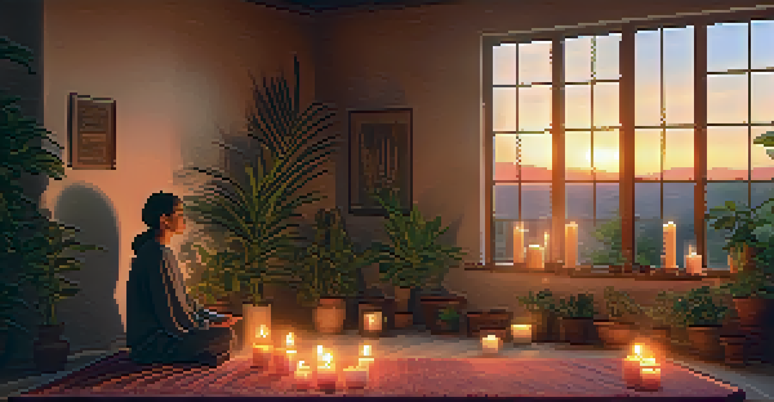 A person meditating on a rug surrounded by candles and plants in a cozy indoor setting.