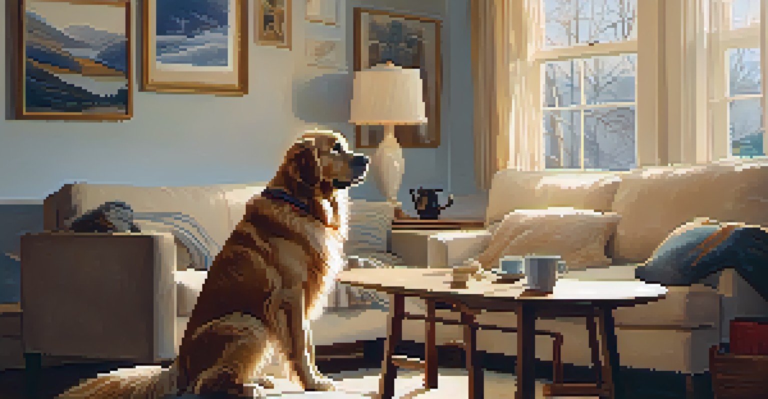 A person sitting on a couch with a golden retriever, in a warmly lit living room with a snowy view outside.