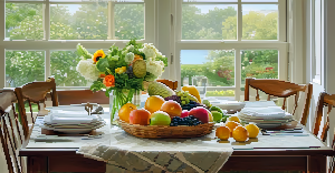 A dining table set with colorful fruits, vegetables, and nutritious foods, illuminated by natural light, creating an inviting atmosphere.