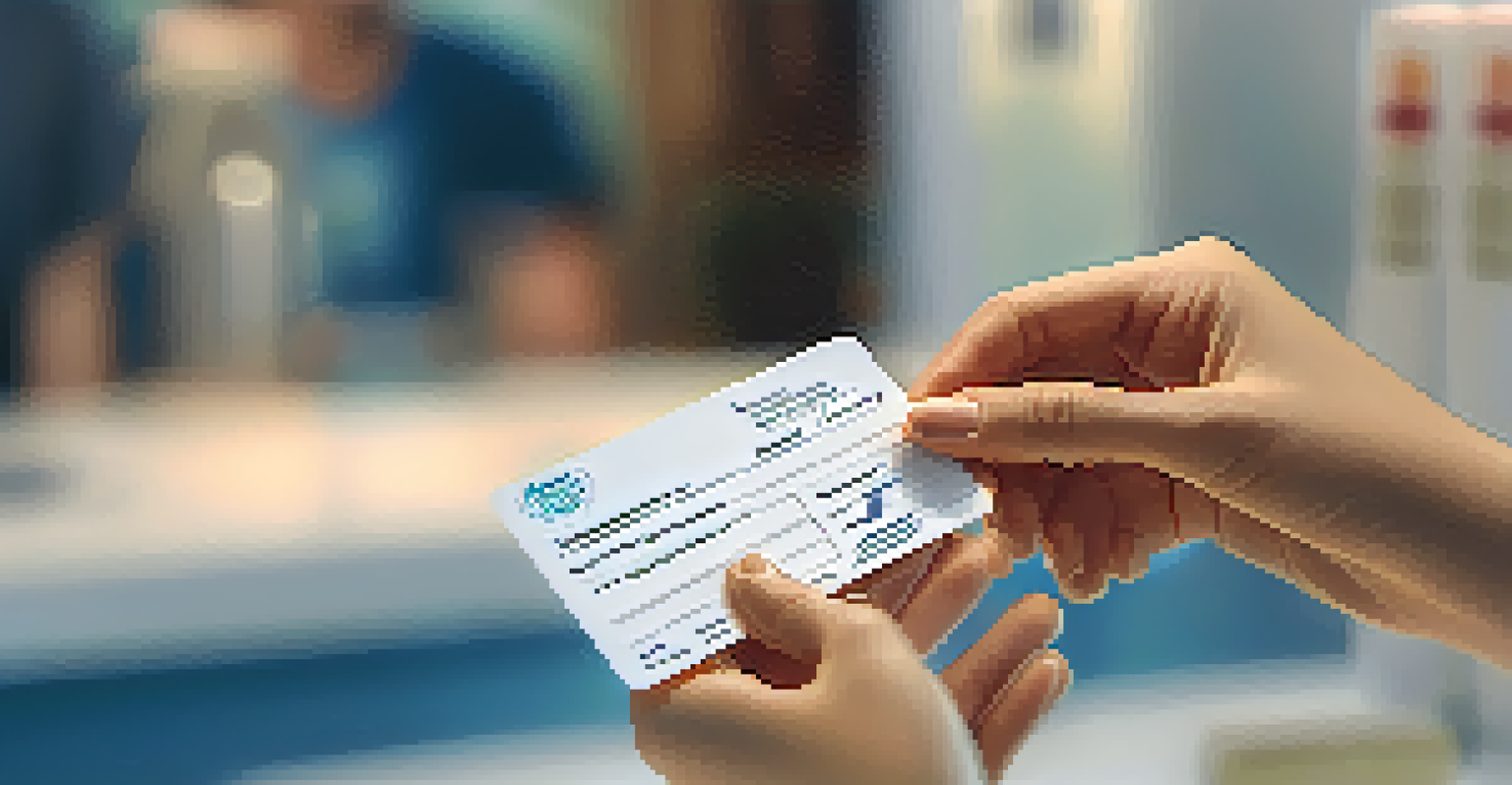 A hand holding a vaccination card with a smiling person blurred in the background receiving a vaccine.