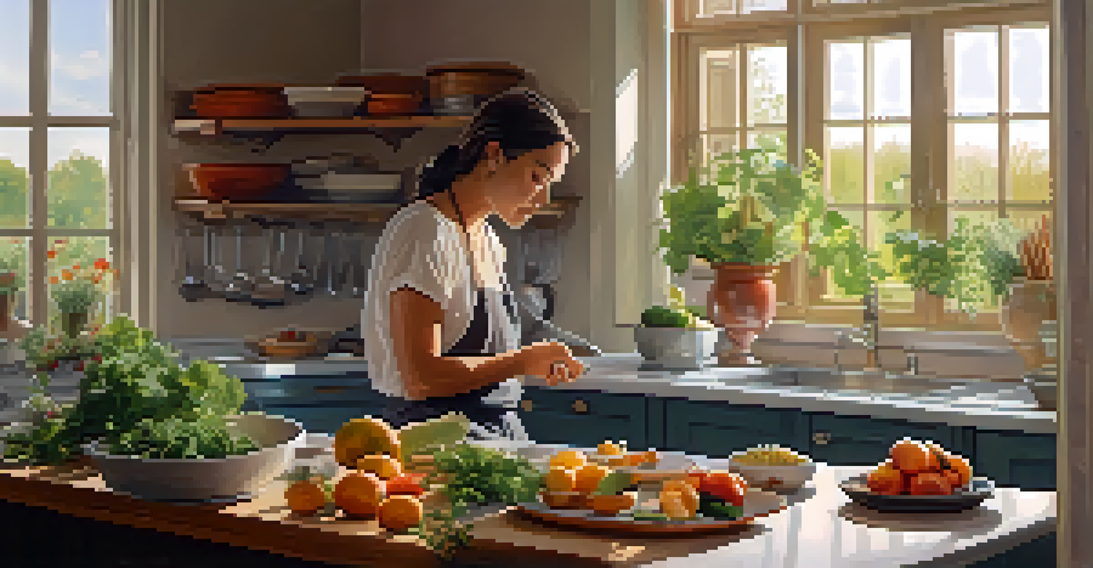 A cozy kitchen scene of a person breathing deeply before a meal, surrounded by fresh ingredients and a prepared dish, promoting mindfulness.