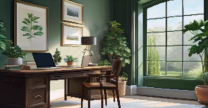 A bright and peaceful home office with a laptop on a wooden desk, surrounded by plants and a view of a garden outside the window.