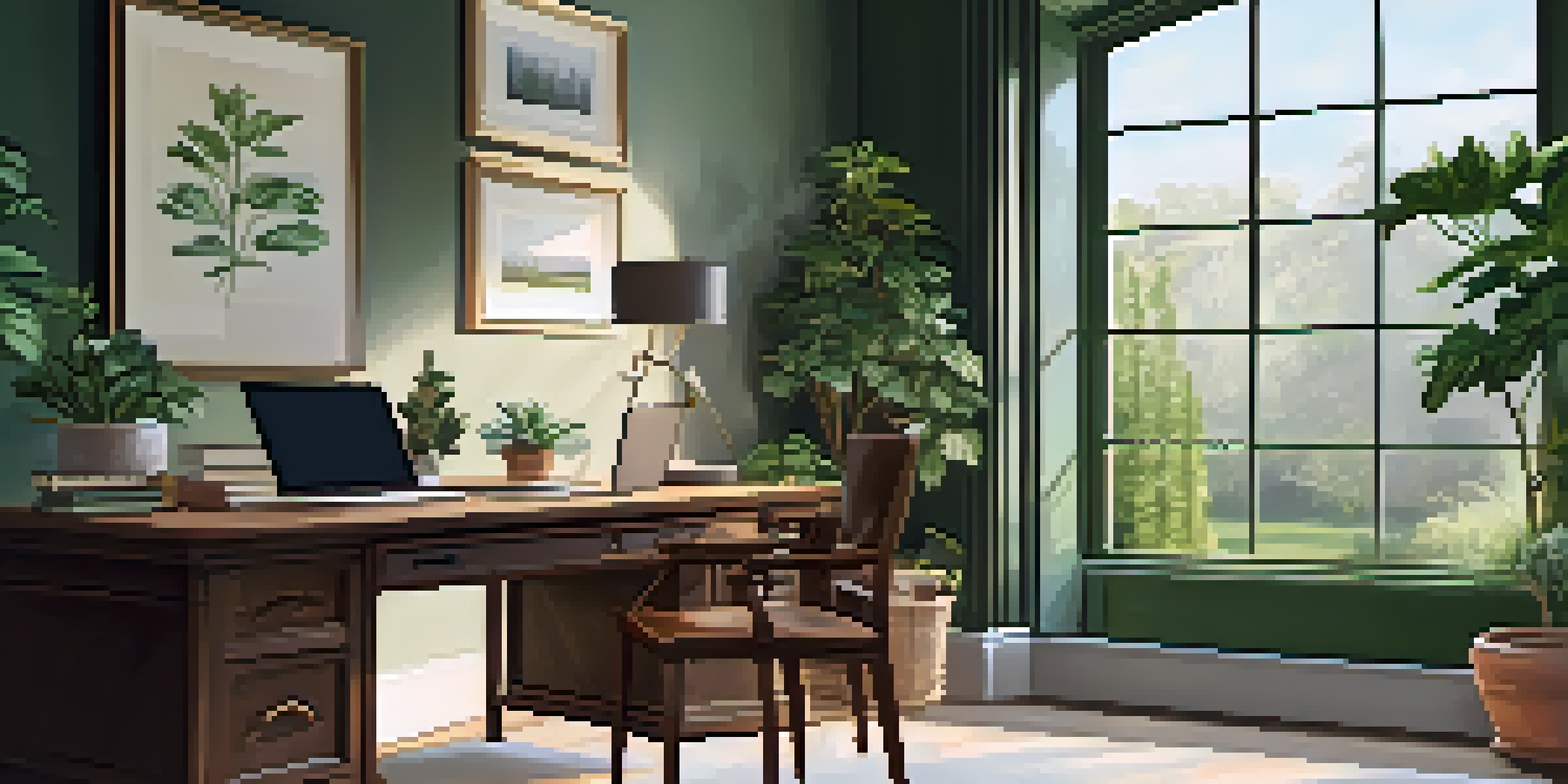 A bright and peaceful home office with a laptop on a wooden desk, surrounded by plants and a view of a garden outside the window.