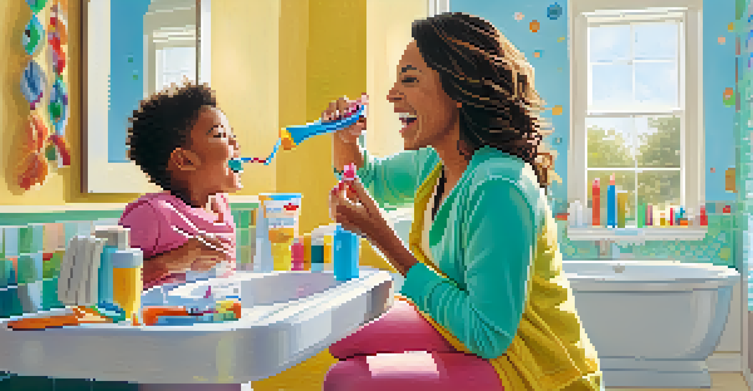 A parent assisting their child in brushing their teeth in a colorful bathroom.