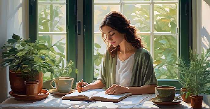 A woman journaling by a window, illuminated by natural light, surrounded by plants and a cup of tea, conveying a sense of reflection and self-care.
