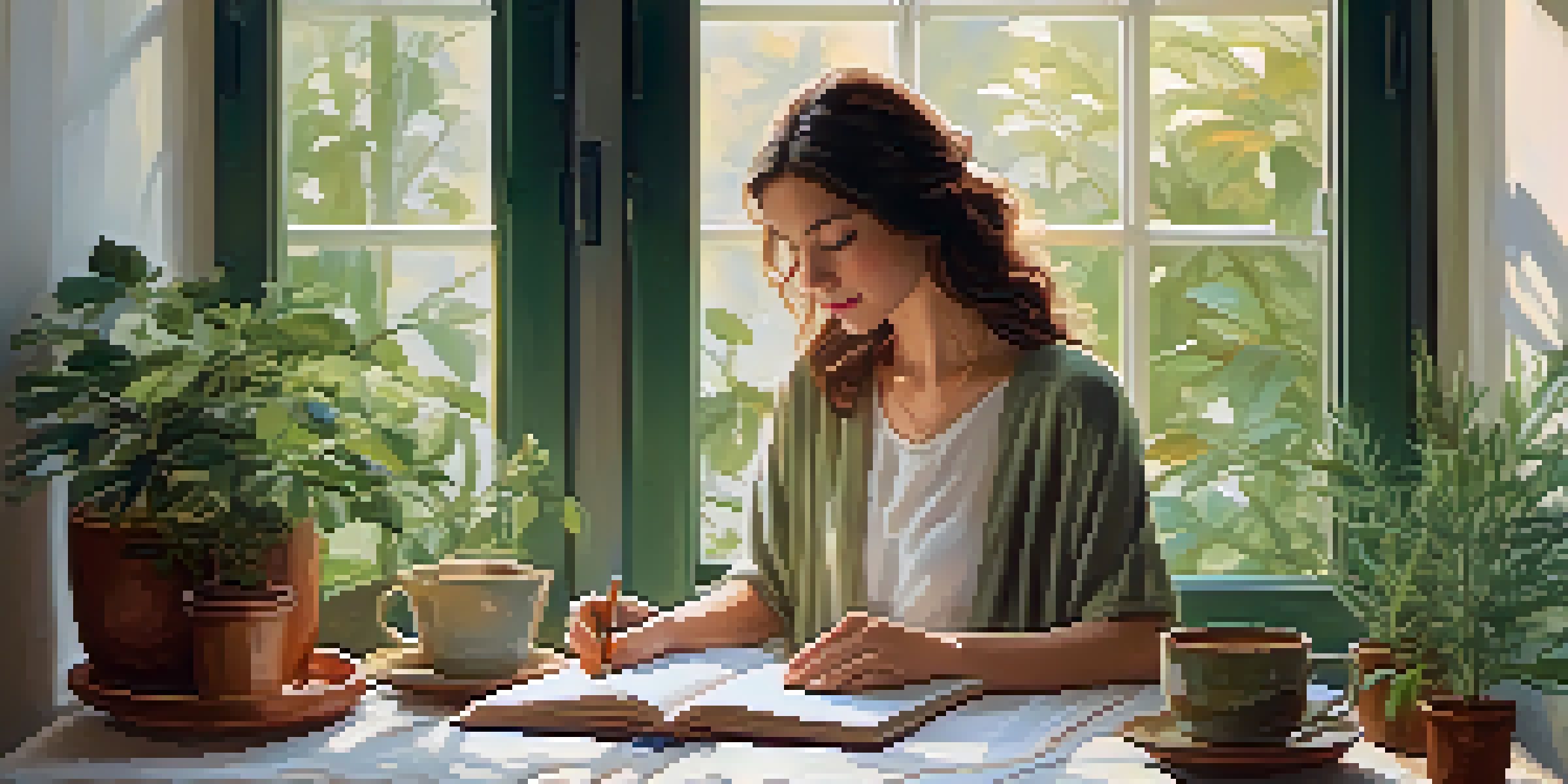 A woman journaling by a window, illuminated by natural light, surrounded by plants and a cup of tea, conveying a sense of reflection and self-care.