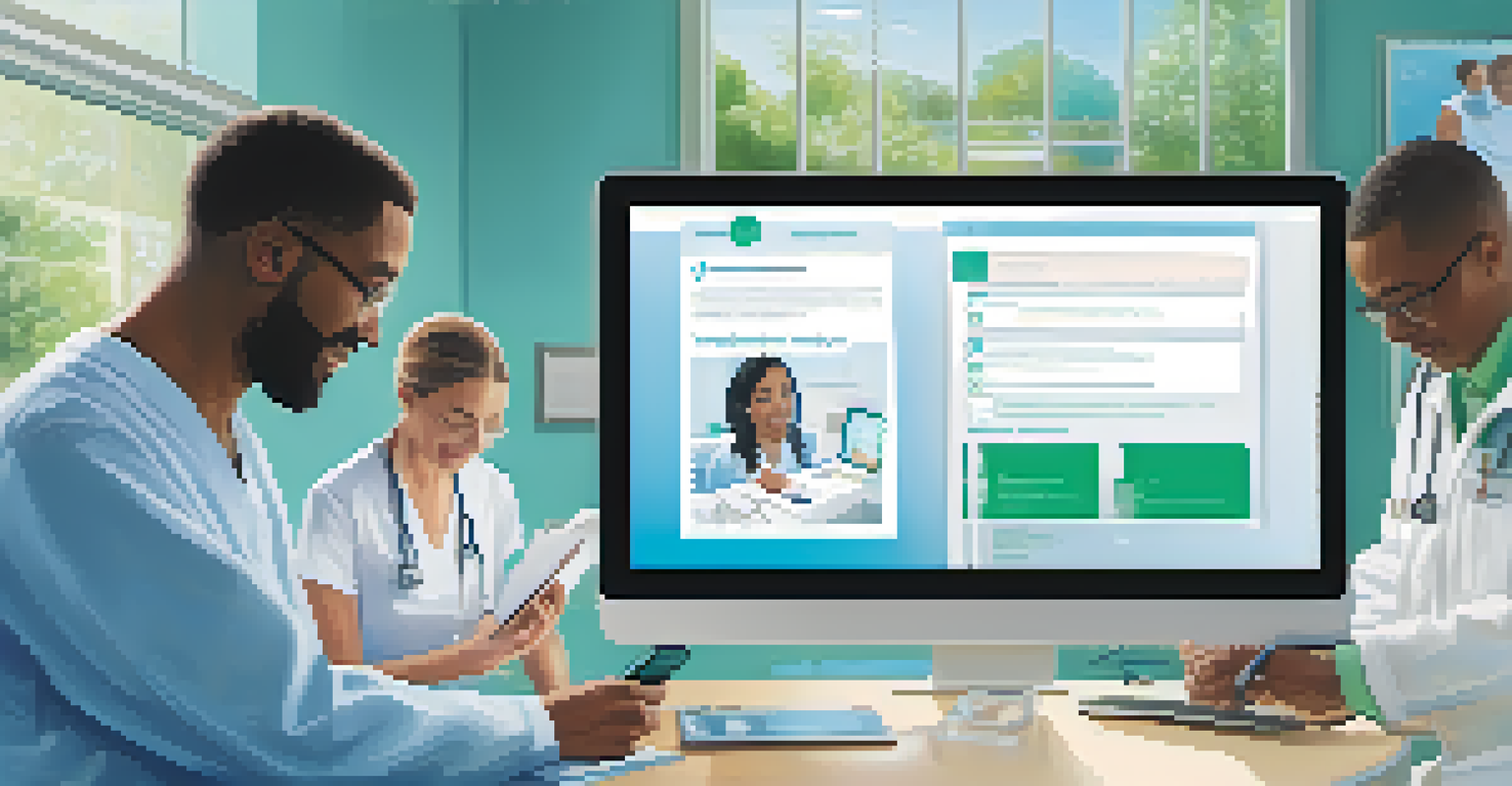 Diverse patients accessing their health records on digital devices in a calming healthcare environment.