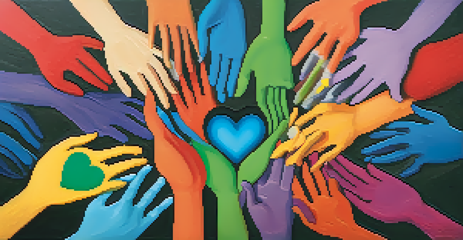 A heart made of diverse hands reaching towards each other against a colorful background, symbolizing connection and self-compassion.