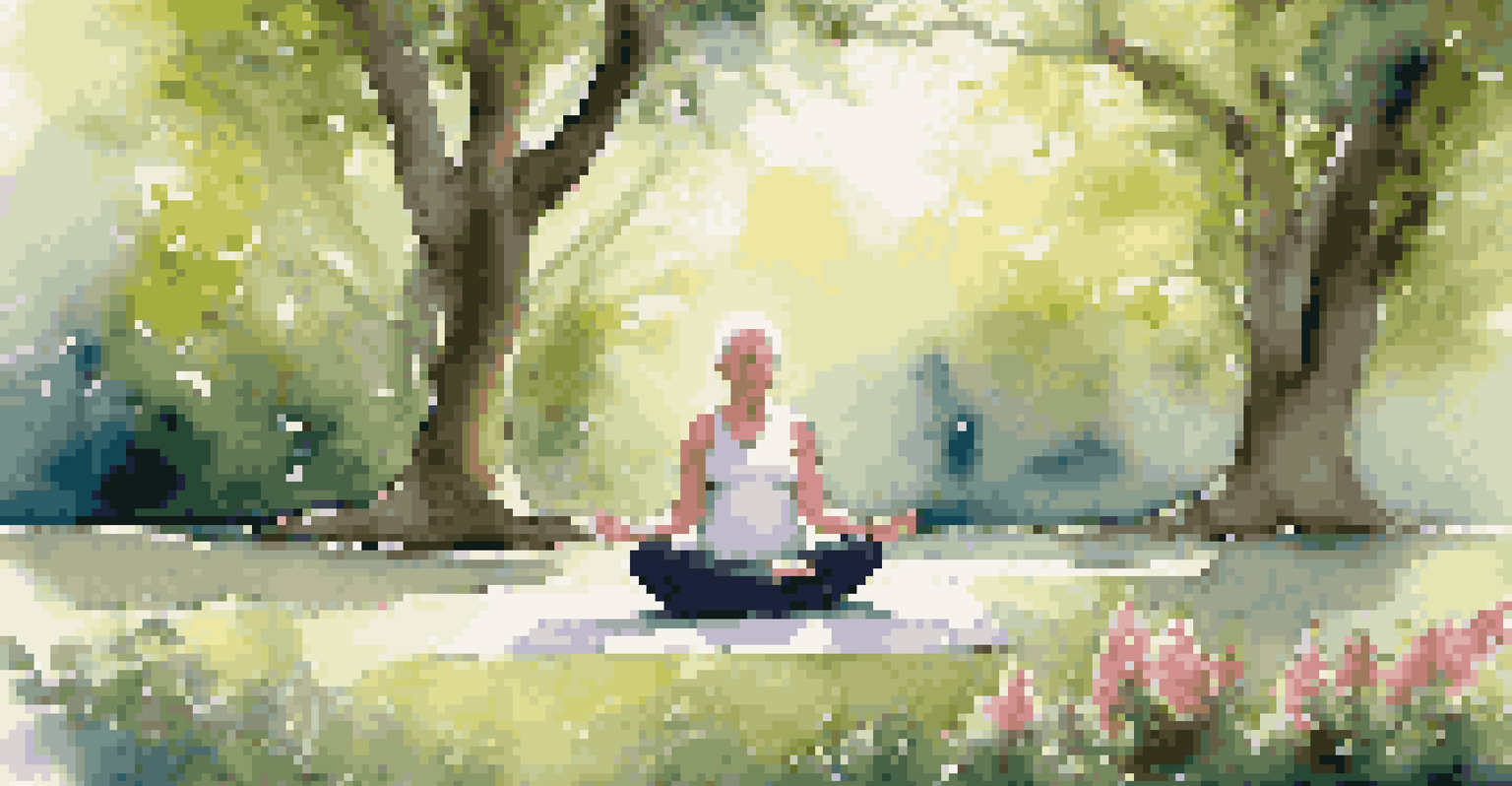 An older person doing yoga in a beautiful park, surrounded by nature and flowers.