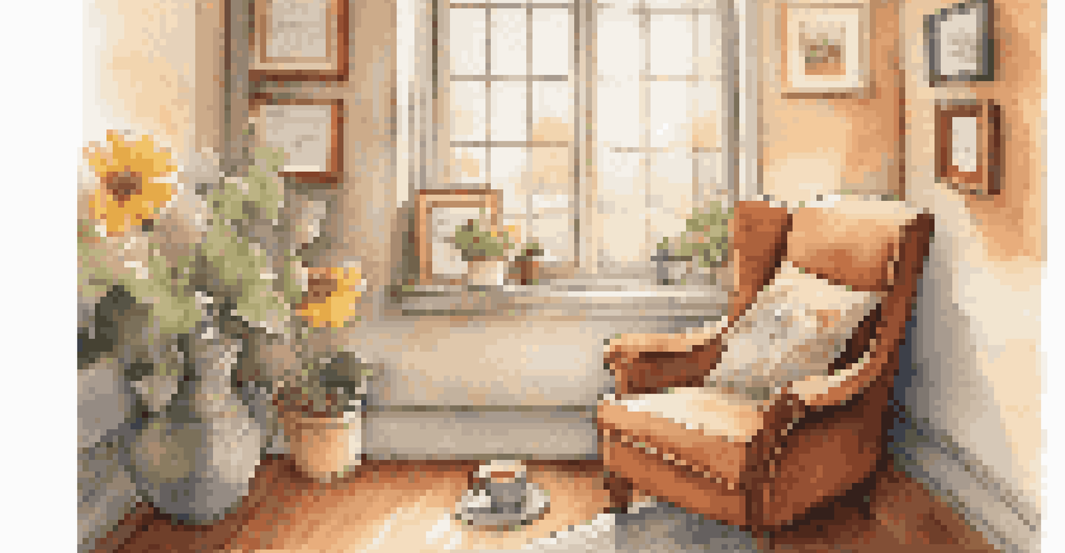 A cozy room with an armchair, a window letting in sunlight, a journal, and a cup of tea, highlighting themes of self-compassion.