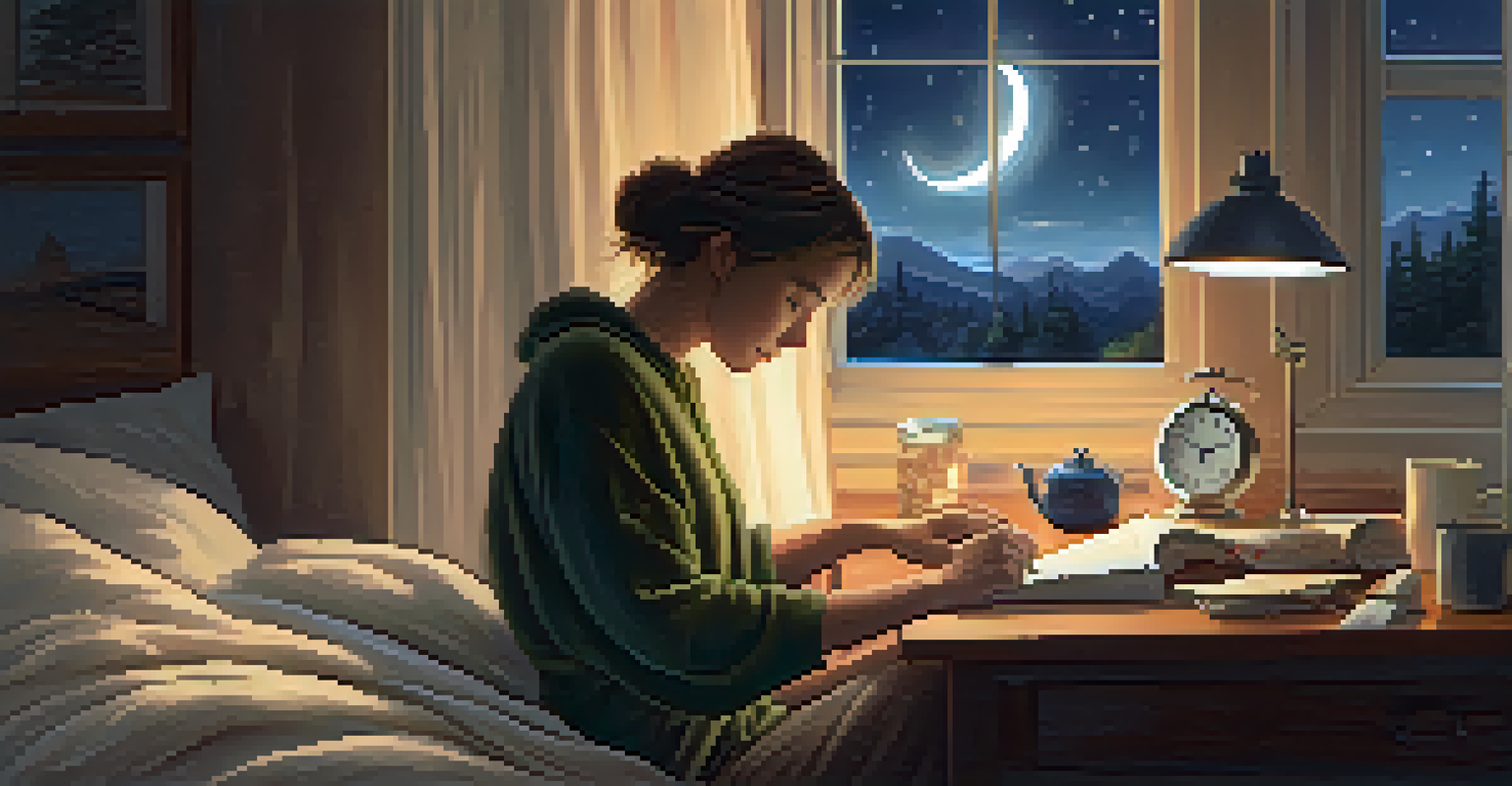 A person journaling in a cozy room with ambient lighting, preparing for a restful night's sleep.