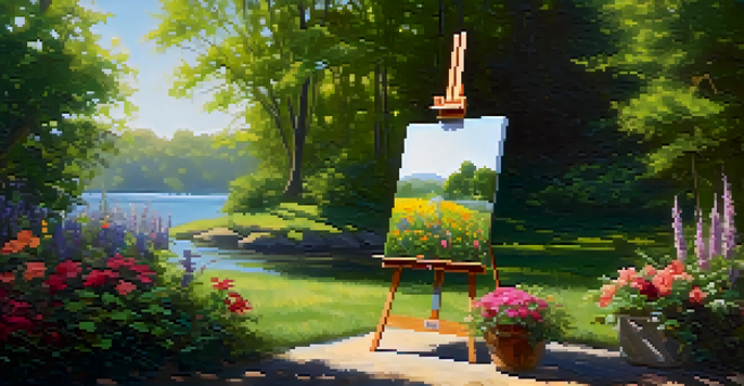 An outdoor art studio with an easel and a colorful canvas surrounded by green plants and flowers under soft sunlight.