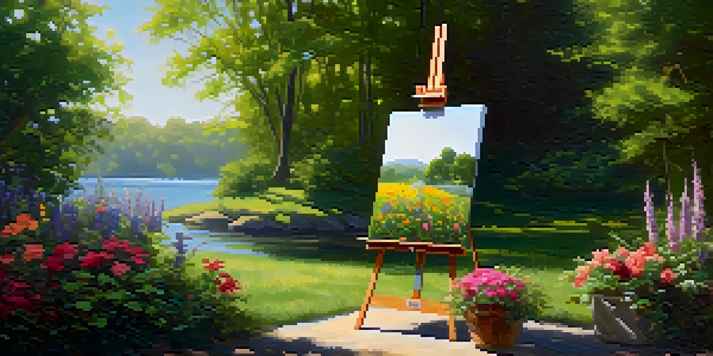 An outdoor art studio with an easel and a colorful canvas surrounded by green plants and flowers under soft sunlight.