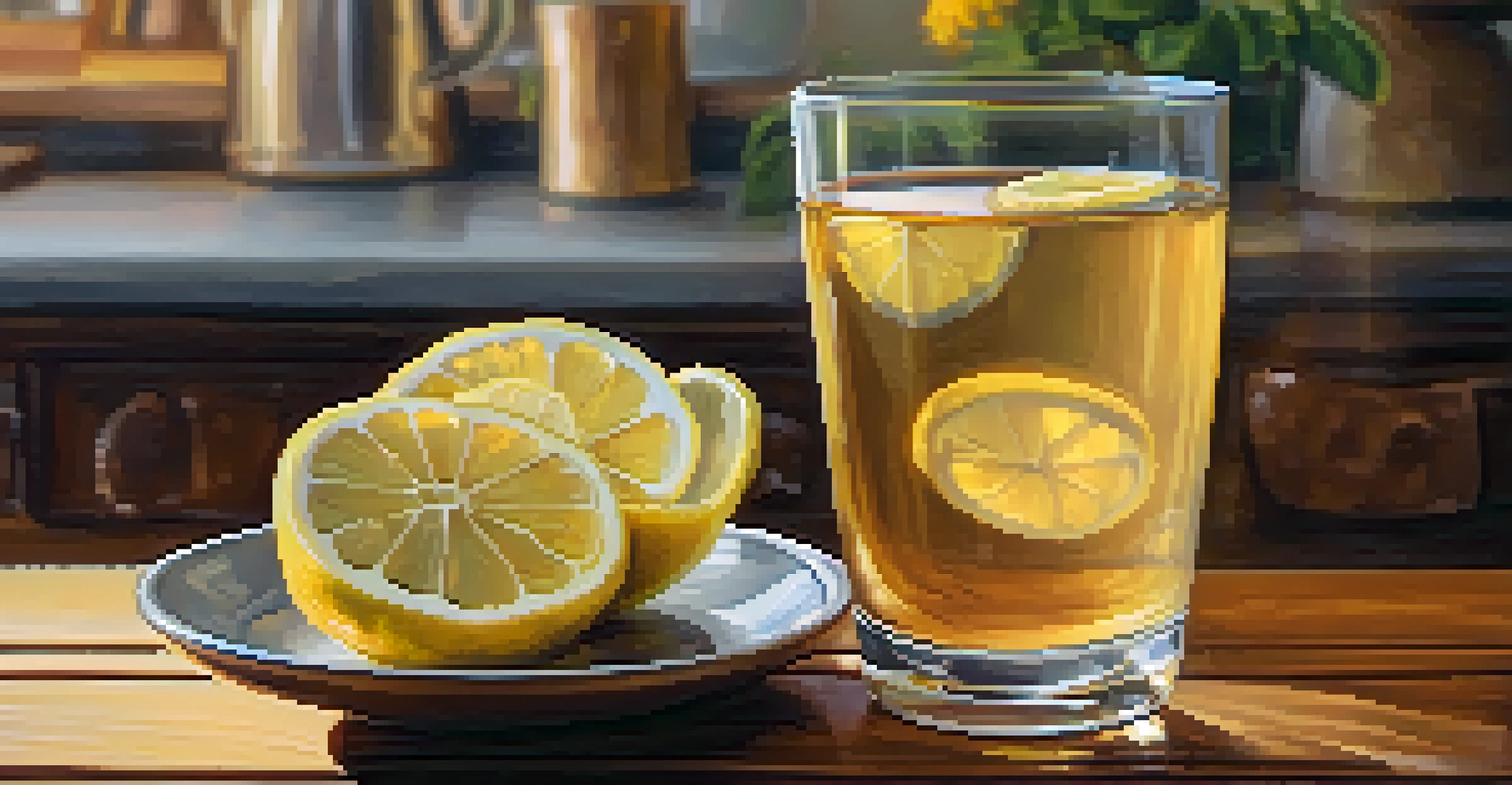 A close-up of a glass of ginger tea with a slice of lemon on a wooden table, with steam rising in a cozy kitchen setting.
