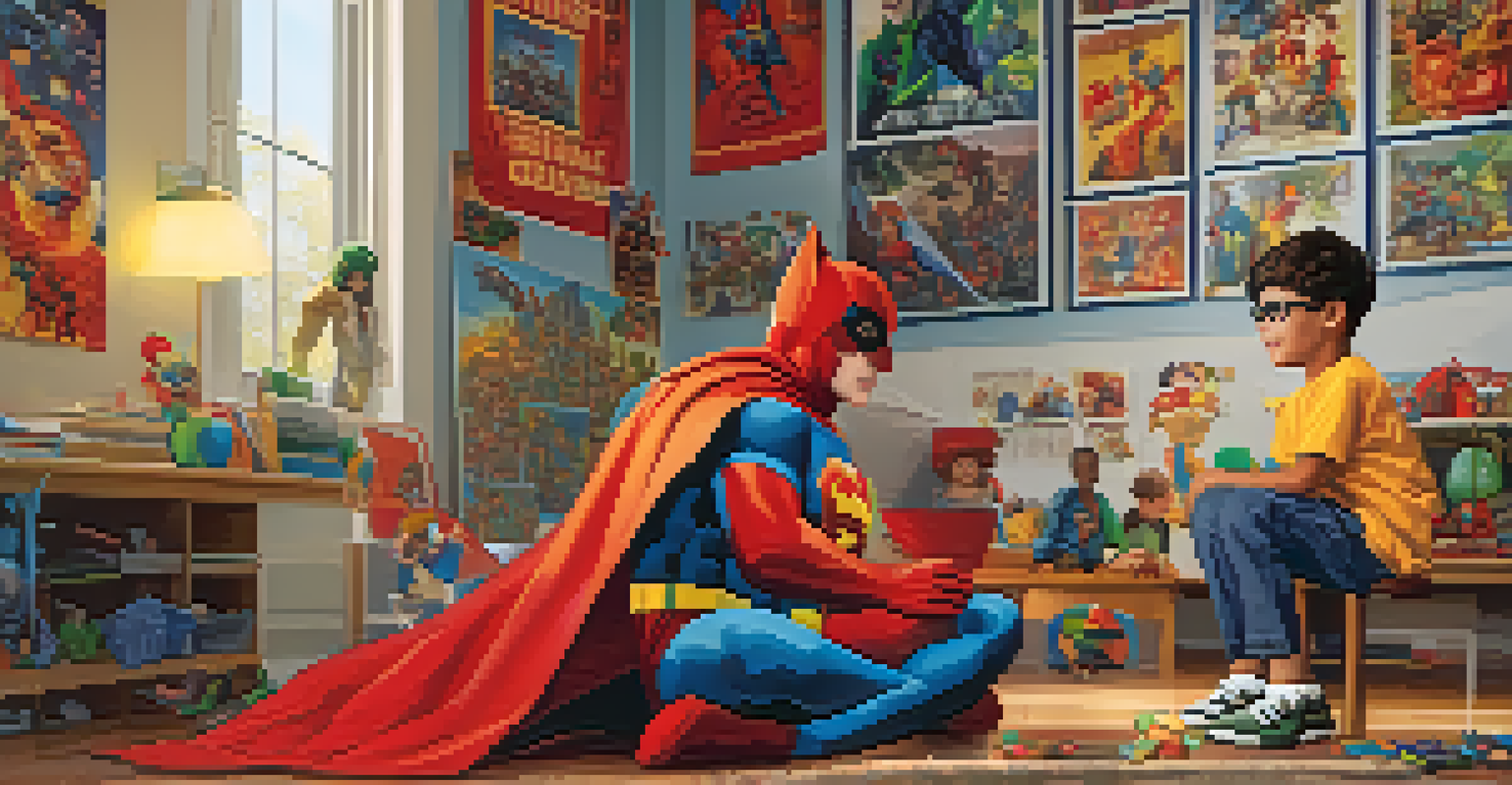 A young boy in a superhero costume playing with a puppet during a therapy session with a smiling therapist.