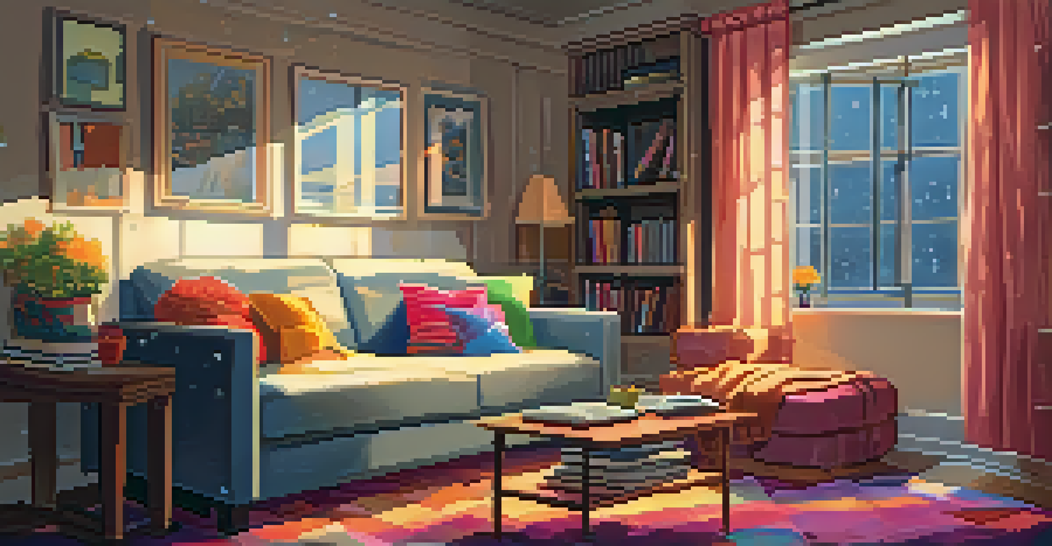 A cozy living room with a sofa, cushions, self-help books, and a rainy window, radiating warmth.