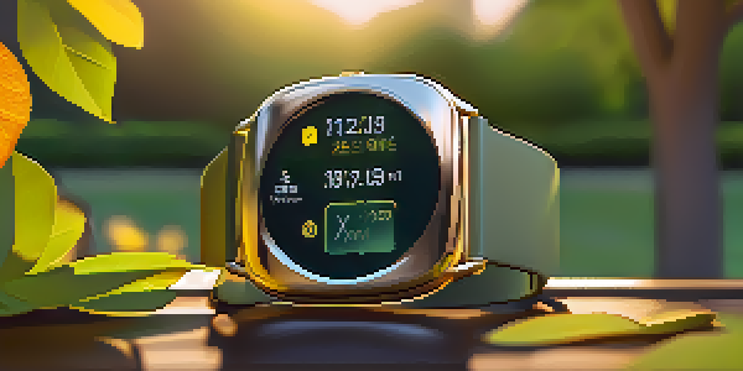 A smartwatch showing heart rate data in a park during sunset, with sunlight filtering through leaves.