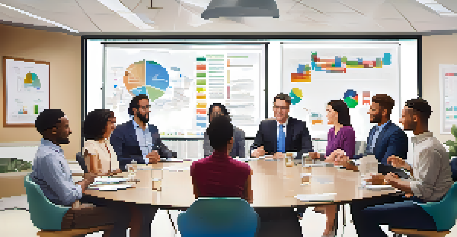 A diverse group discussing financial planning at a round table, with charts in the background.
