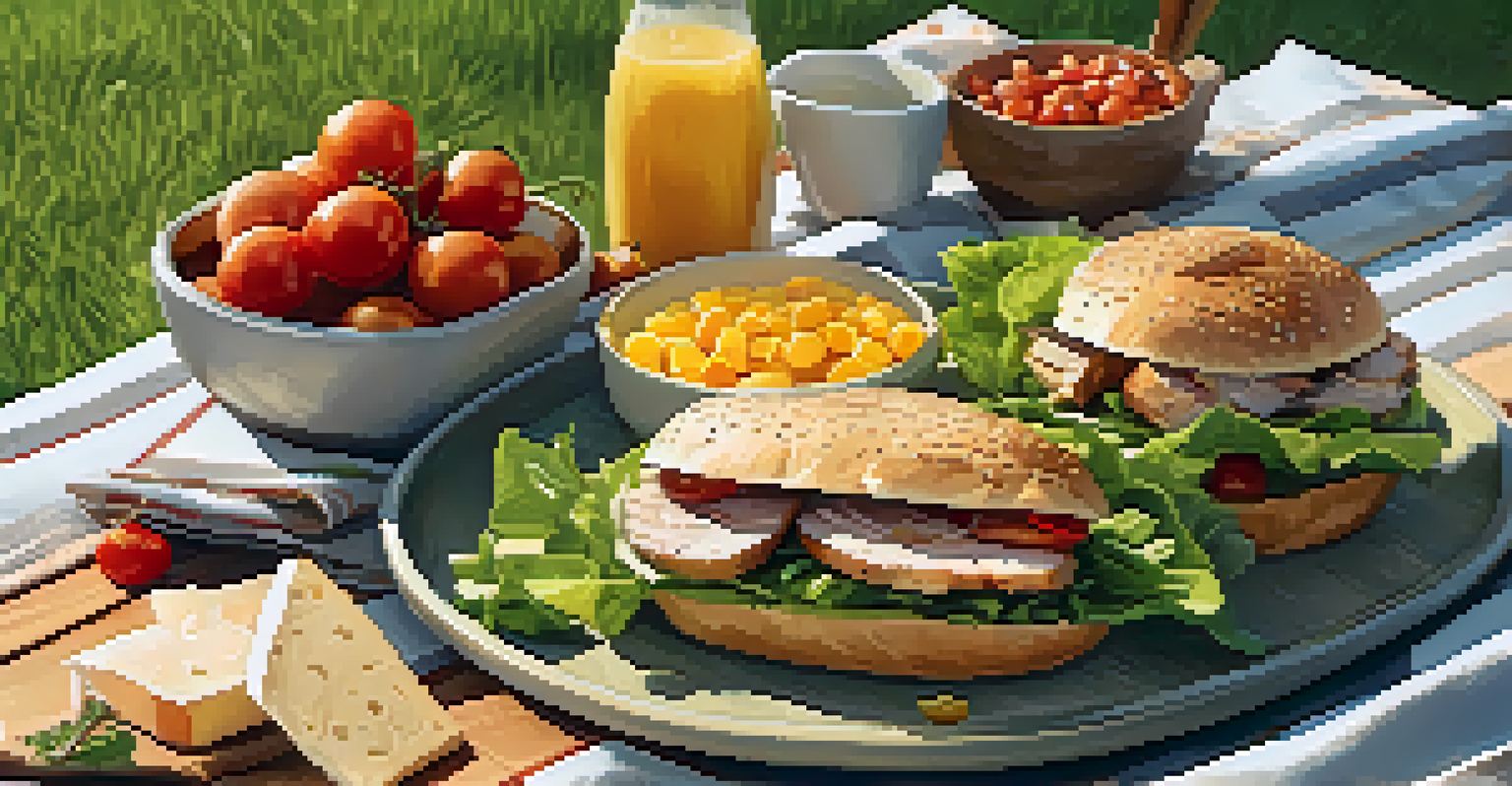 A picnic setup on grass with a blanket displaying low-carb snacks like lettuce wraps and cheeses, bathed in warm sunlight.