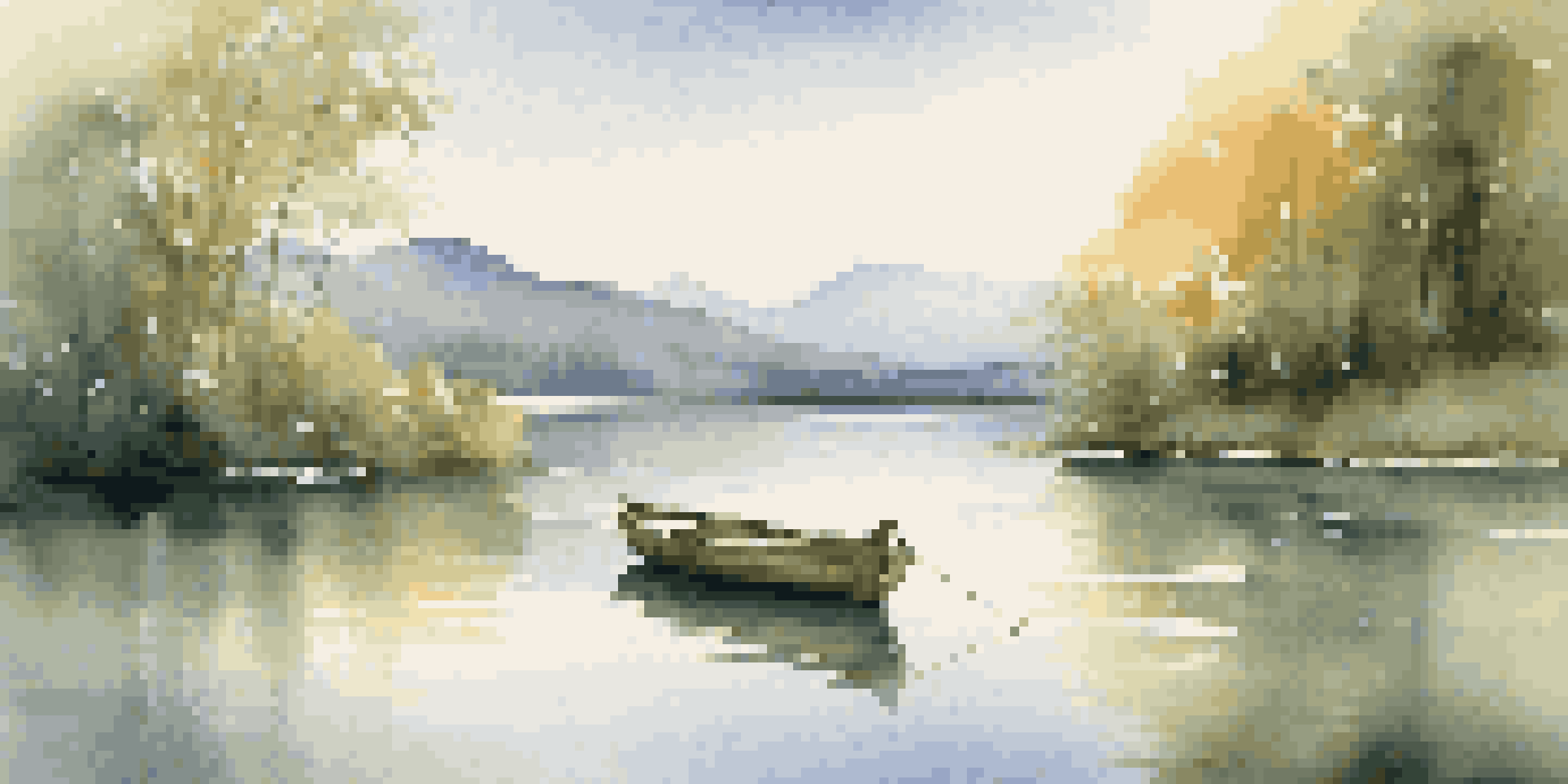 A peaceful lake scene with green trees, mountains in the background, and a small boat on the water under soft sunlight.