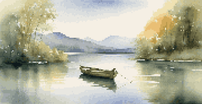 A peaceful lake scene with green trees, mountains in the background, and a small boat on the water under soft sunlight.