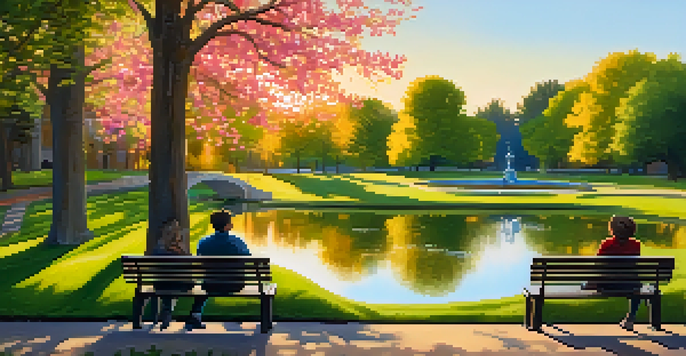 Two friends sitting on a park bench, engaged in a warm conversation during sunset, surrounded by lush greenery and colorful flowers.