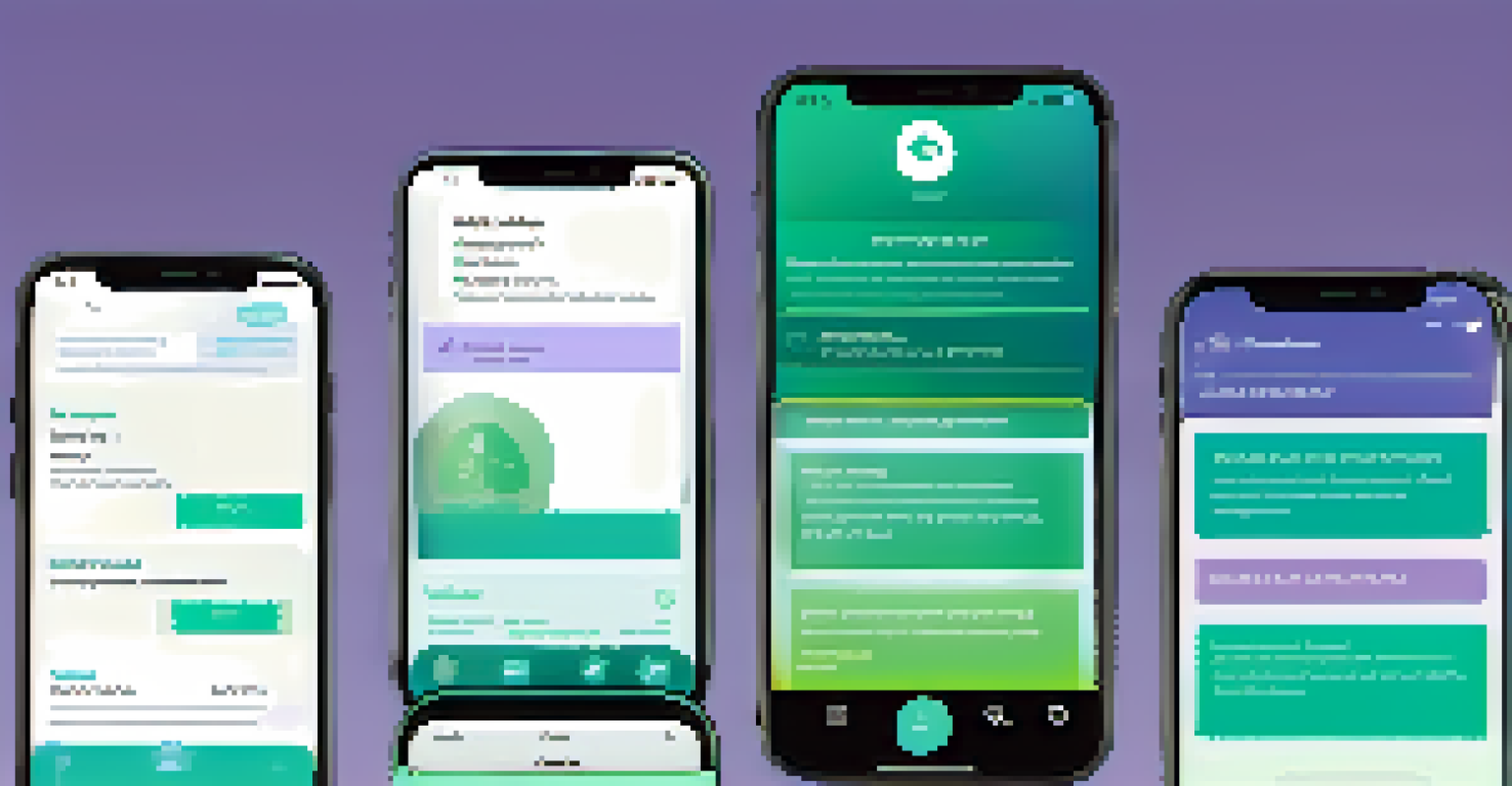 A mobile app interface displaying features for supporting victims of domestic violence, set against a soothing gradient background.