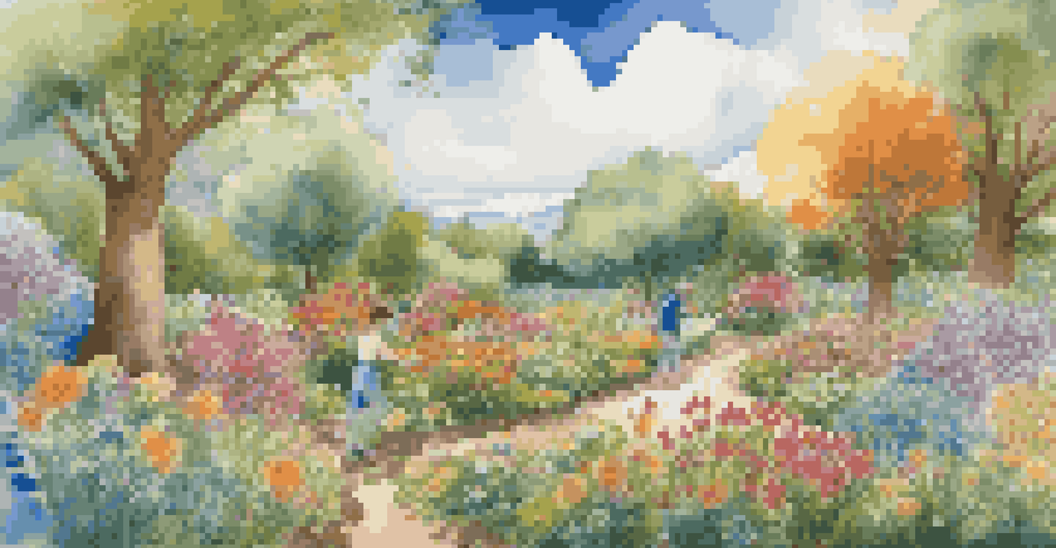 A colorful spring garden with flowers, a family planting seeds, and a clear blue sky overhead.